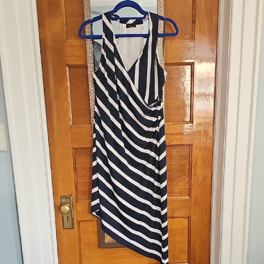 VENUS Navy Blue and White Asymmetrical Sheath Midi Dress